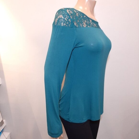 3/$20 Laundry By Shelli Segal Lace Long Sleeve Top Teal Green Rayon Blouse - Picture 7 of 12